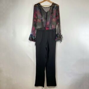 Koralline Silk Sheer Womens Flare Sleeve Whimsigoth Floral Jumpsuit Size 44/US 8